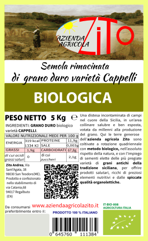 Semola rimacinata di grano duro Timilia 5kg - BIO